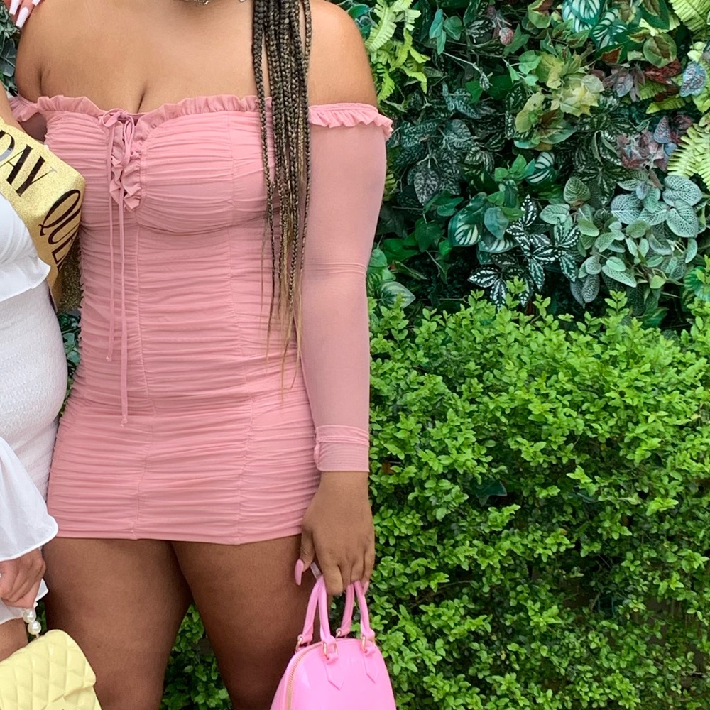 Pink off the shoulder dress. Mesh sleeves